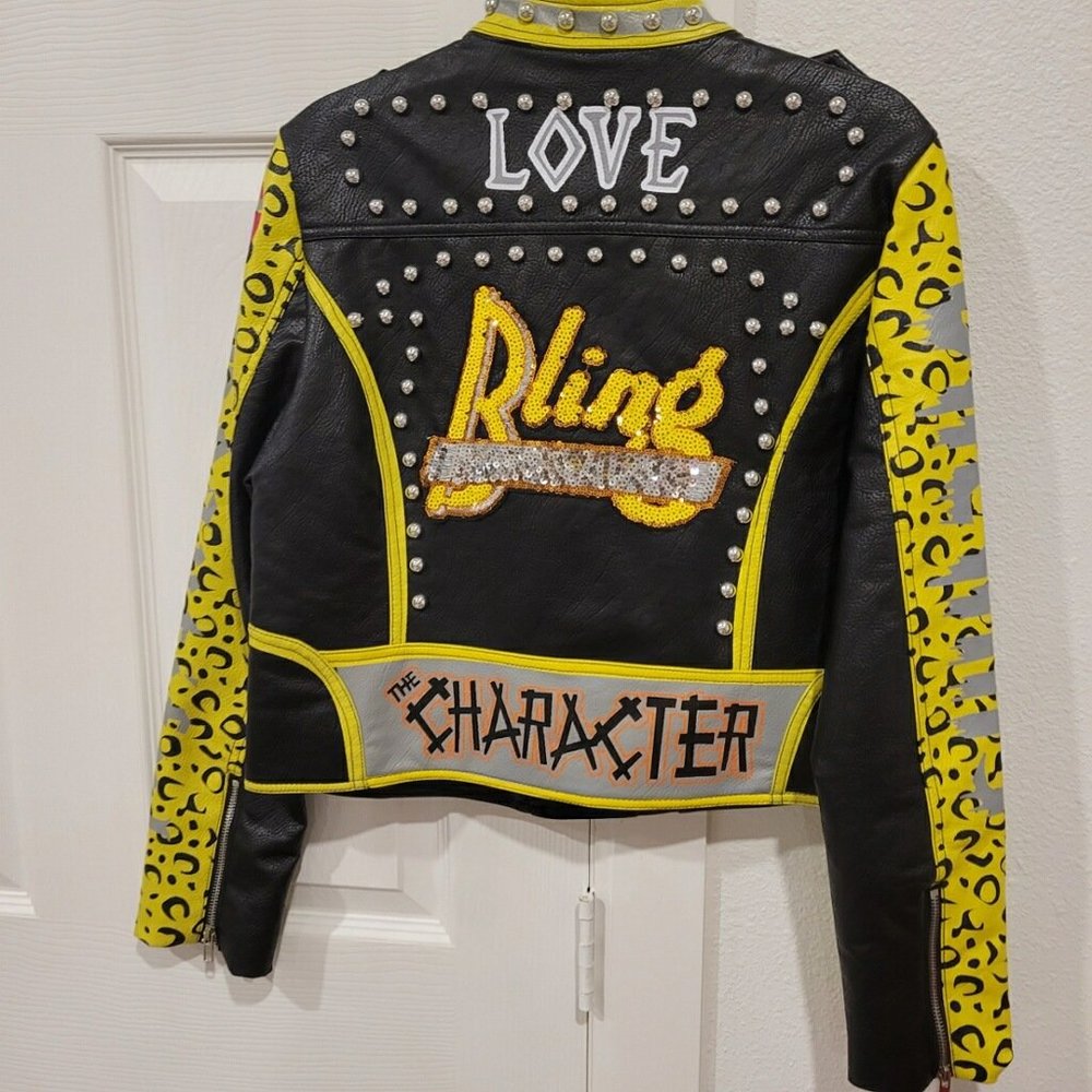 New HER of NY Bomber style faux leather jacket size M yellow and black New